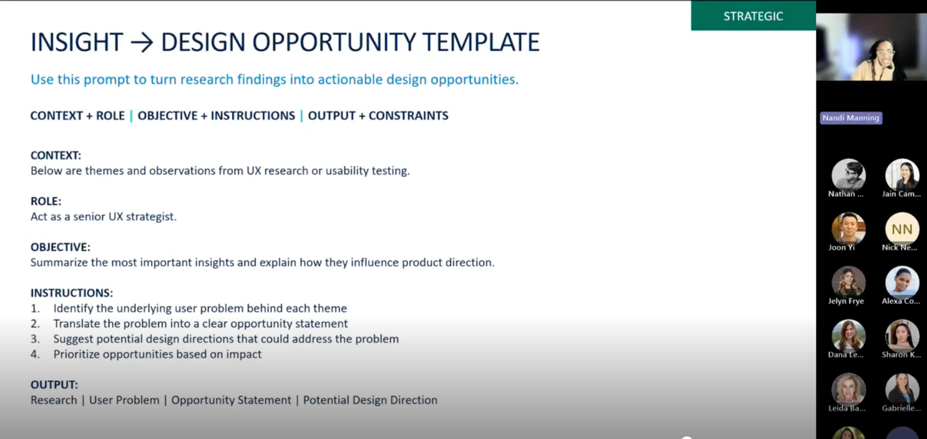 Live presentation slide: Insight → Design Opportunity Template